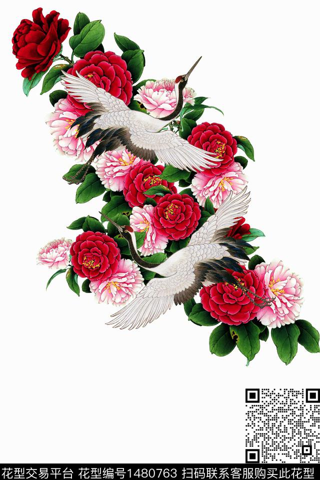 中国风鹤1.jpg - 1480763 - 花鸟 田园 仙鹤 - 数码印花花型 － 女装花型设计 － 瓦栏