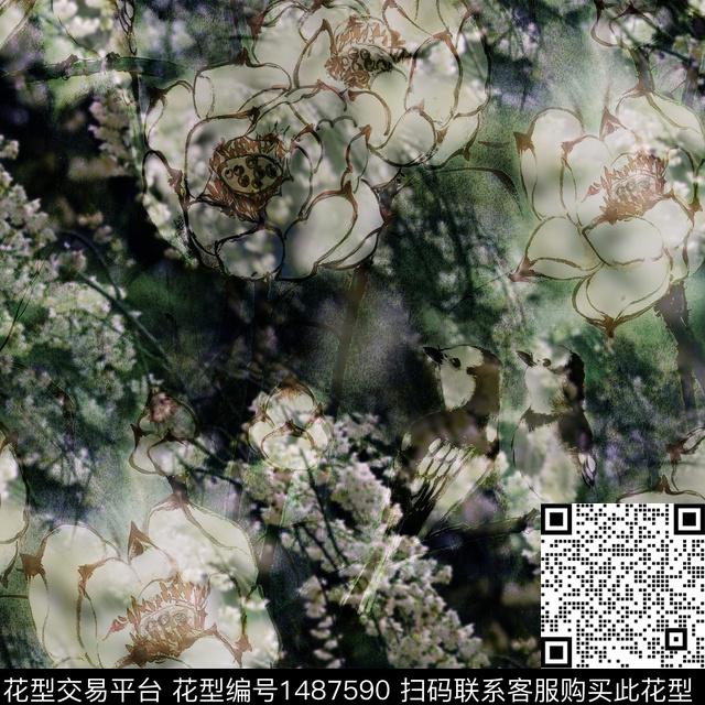 R1705159A.jpg - 1487590 - 荷花 香云纱 旗袍 - 数码印花花型 － 女装花型设计 － 瓦栏