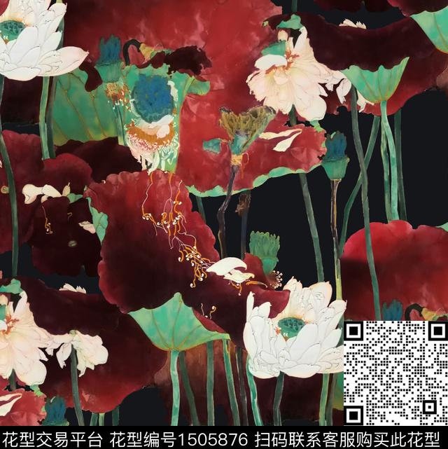 R2207091.jpg - 1505876 - 荷花 旗袍 香云纱 - 数码印花花型 － 女装花型设计 － 瓦栏