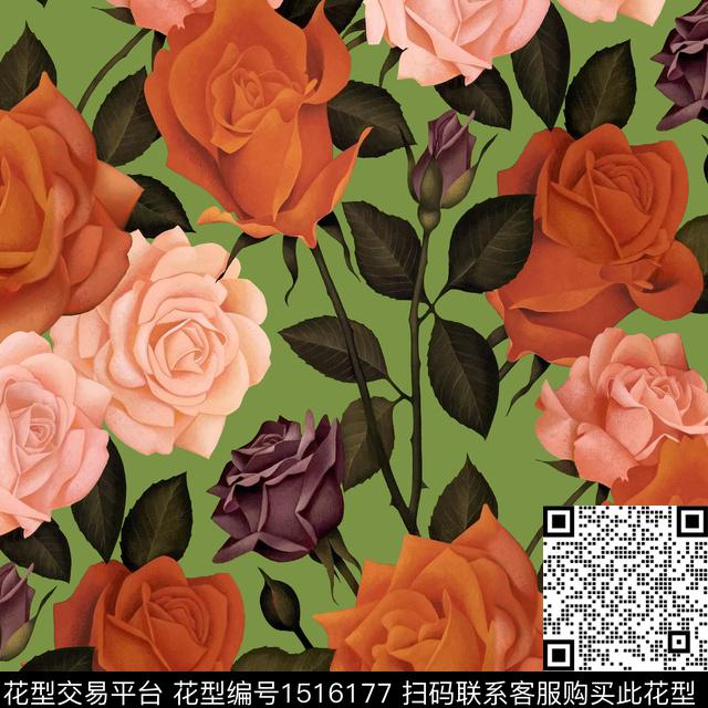 R2210042.jpg - 1516177 - 玫瑰花 月季花 手绘大花 - 数码印花花型 － 女装花型设计 － 瓦栏