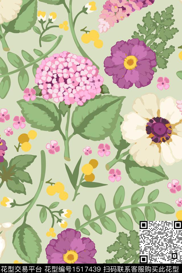 绿底花卉植物组合10月26_画板 1_画板 1.jpg - 1517439 - 日韩 床品 女装 - 数码印花花型 － 床品花型设计 － 瓦栏