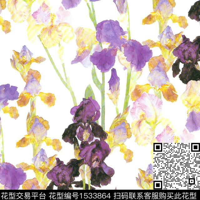 R2304013.jpg - 1533864 - 鸢尾花 水彩花卉 清爽底花卉 - 数码印花花型 － 女装花型设计 － 瓦栏