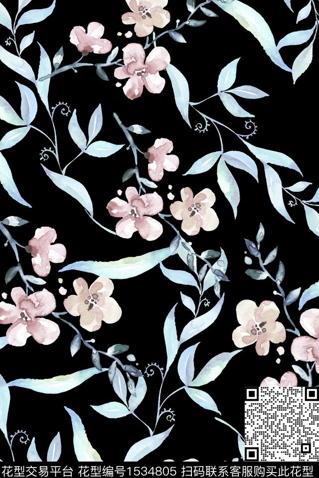 041102.jpg - 1534805 - 花卉 叶子 黑底花卉 - 数码印花花型 － 女装花型设计 － 瓦栏
