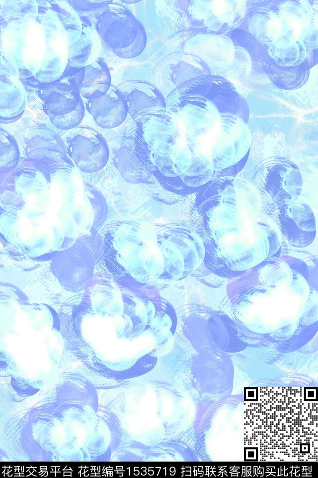 蓝色抽象花卉肌理图案.jpg - 1535719 - 抽象 肌理 泡泡 - 数码印花花型 － 女装花型设计 － 瓦栏