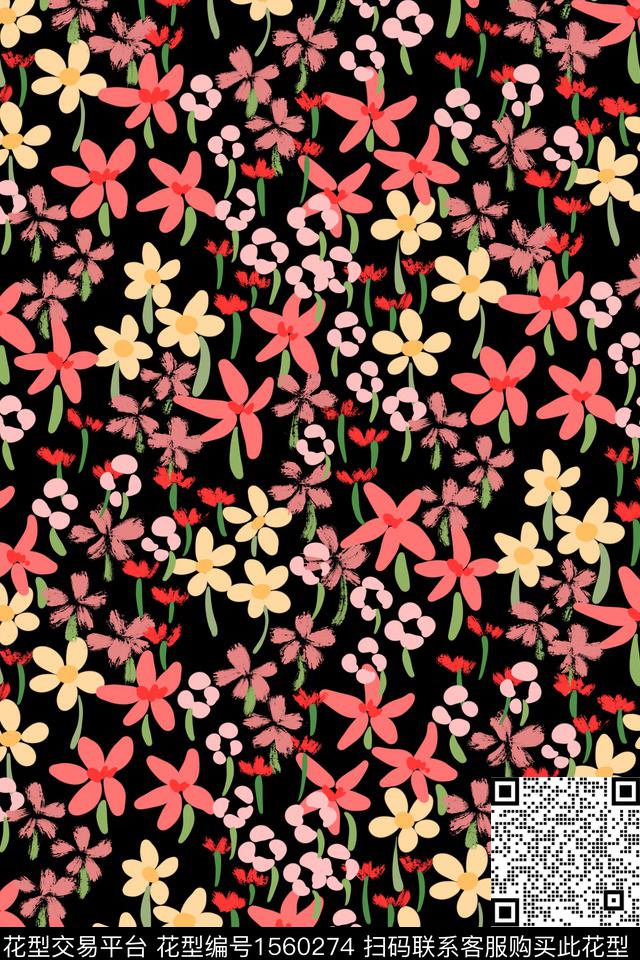深色花卉02.jpg - 1560274 - 笔触 花卉 黑底花卉 - 数码印花花型 － 女装花型设计 － 瓦栏