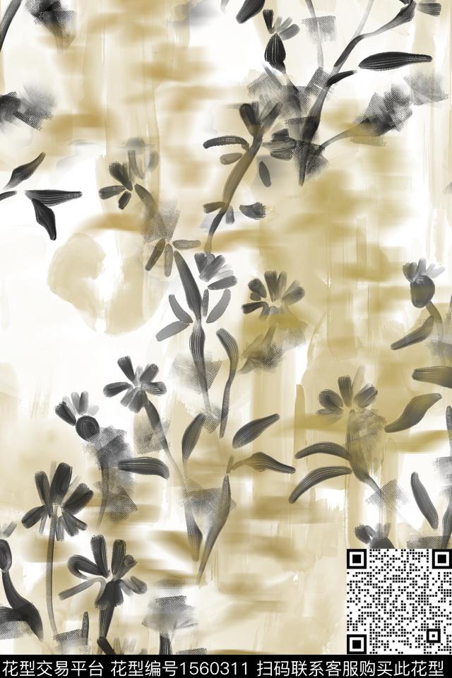 黑白花卉01.jpg - 1560311 - 抽象 肌理 水彩 - 数码印花花型 － 女装花型设计 － 瓦栏