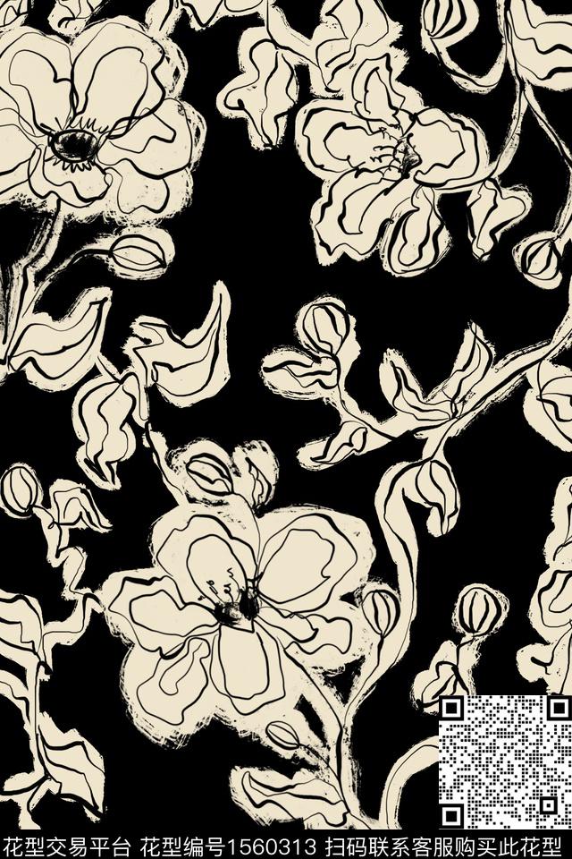 黑白花卉02.jpg - 1560313 - 花卉 线条花 手绘花卉 - 数码印花花型 － 女装花型设计 － 瓦栏