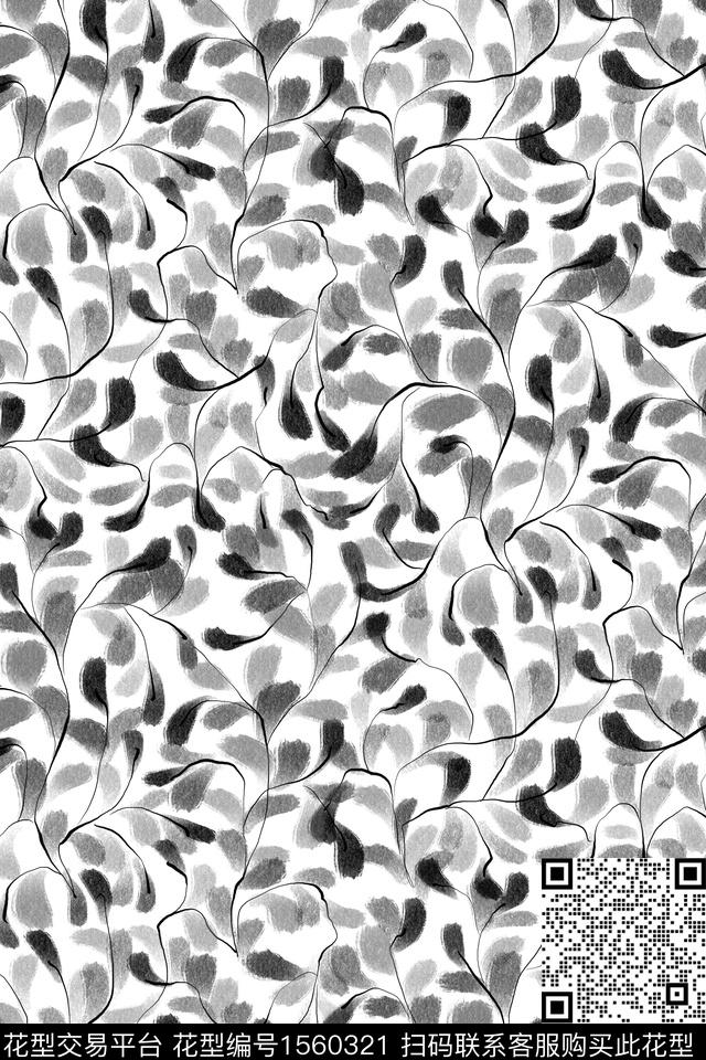 黑白花卉03.jpg - 1560321 - 简约 黑白花型 线条 - 数码印花花型 － 女装花型设计 － 瓦栏