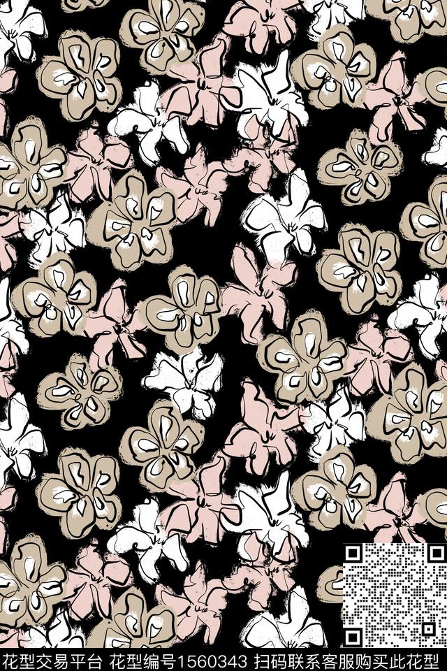 黑白花卉05.jpg - 1560343 - 花卉 线条花 手绘花卉 - 数码印花花型 － 女装花型设计 － 瓦栏