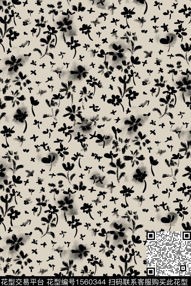 黑白花卉06.jpg - 1560344 - 简约 黑白花型 手绘花卉 - 数码印花花型 － 女装花型设计 － 瓦栏