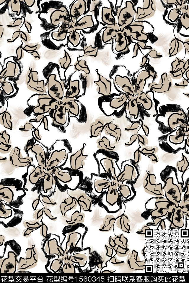 黑白花卉07.jpg - 1560345 - 花卉 底纹 手绘花卉 - 数码印花花型 － 女装花型设计 － 瓦栏