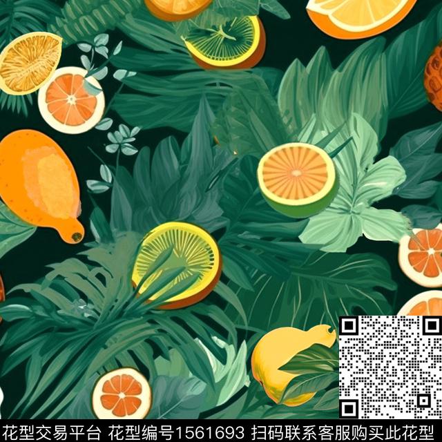 ZZ492 pat .jpg - 1561693 - 水果 绿植树叶 黑底 - 数码印花花型 － 女装花型设计 － 瓦栏