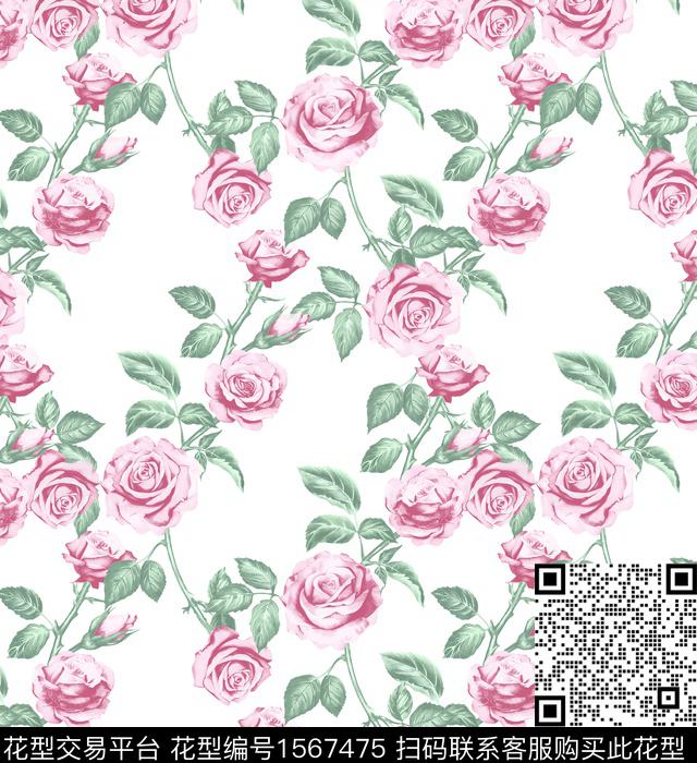粉玫瑰瓦栏.jpg - 1567475 - 花卉 清爽 玫瑰花 - 数码印花花型 － 女装花型设计 － 瓦栏