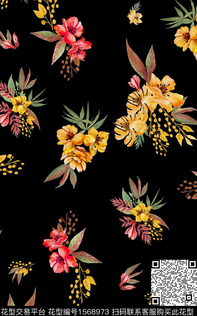 guan1234.jpg - 1568973 - 花卉 漆画 黑底花卉 - 数码印花花型 － 女装花型设计 － 瓦栏