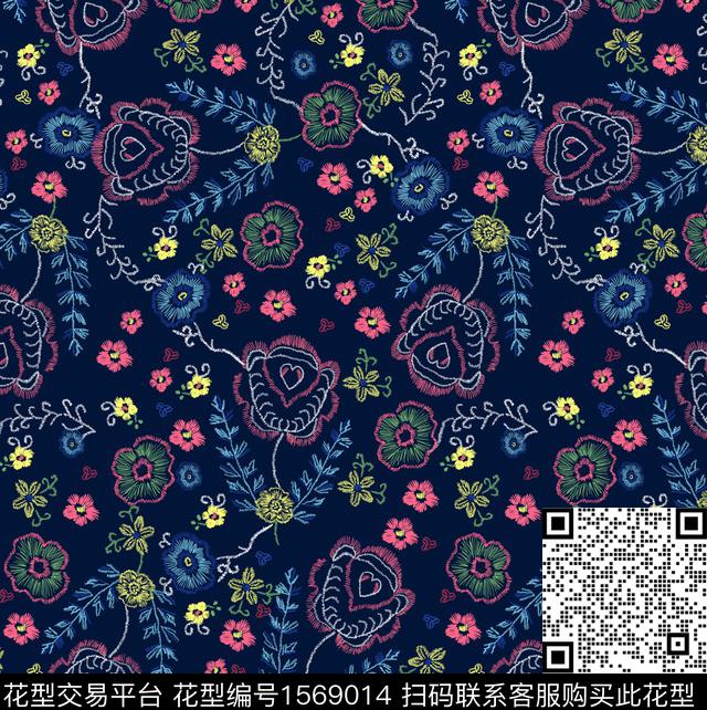 guan1236.jpg - 1569014 - 花卉 羊毛衫 老蓝底 - 数码印花花型 － 女装花型设计 － 瓦栏