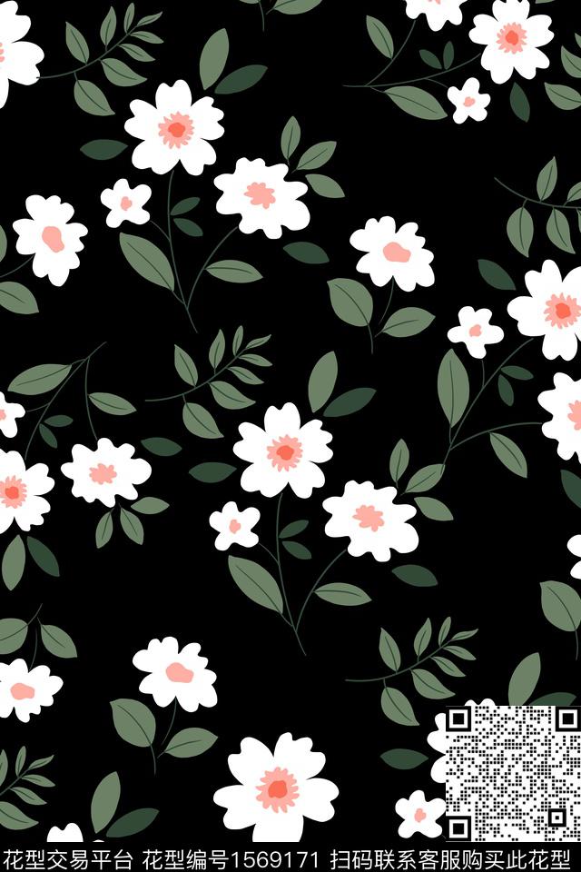 花卉（白花红心）.jpg - 1569171 - 黑底花卉 花卉 小碎花 - 数码印花花型 － 女装花型设计 － 瓦栏