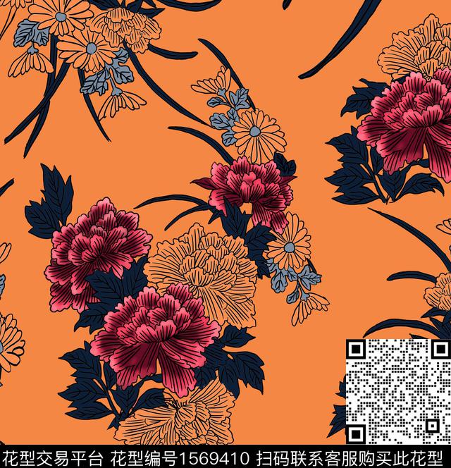 guan1241.jpg - 1569410 - 花卉 桔红底 线条花卉 - 数码印花花型 － 女装花型设计 － 瓦栏