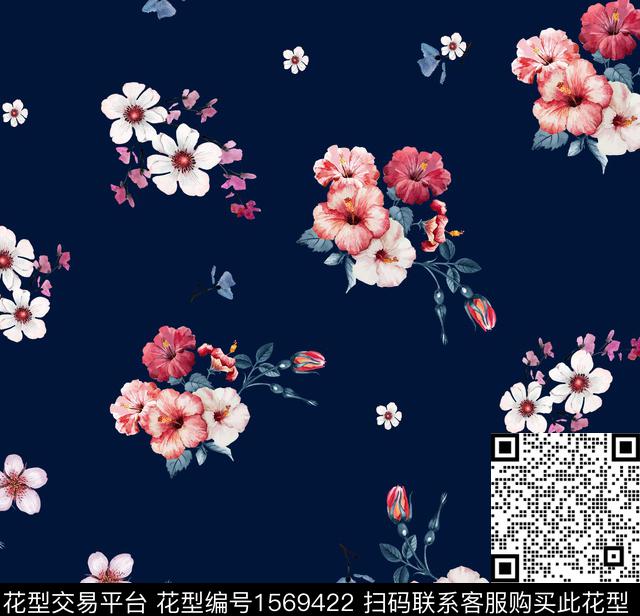 guan1243.jpg - 1569422 - 花卉 老蓝底 小碎花 - 数码印花花型 － 女装花型设计 － 瓦栏