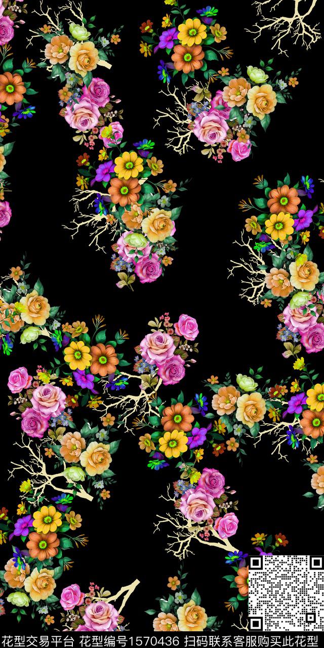 YH05240001.jpg - 1570436 - 花卉 黑底花卉 中老年女装 - 数码印花花型 － 女装花型设计 － 瓦栏