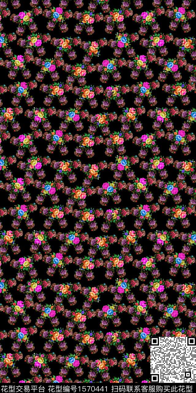 YH05240004.jpg - 1570441 - 花卉 黑底花卉 中老年女装 - 数码印花花型 － 女装花型设计 － 瓦栏