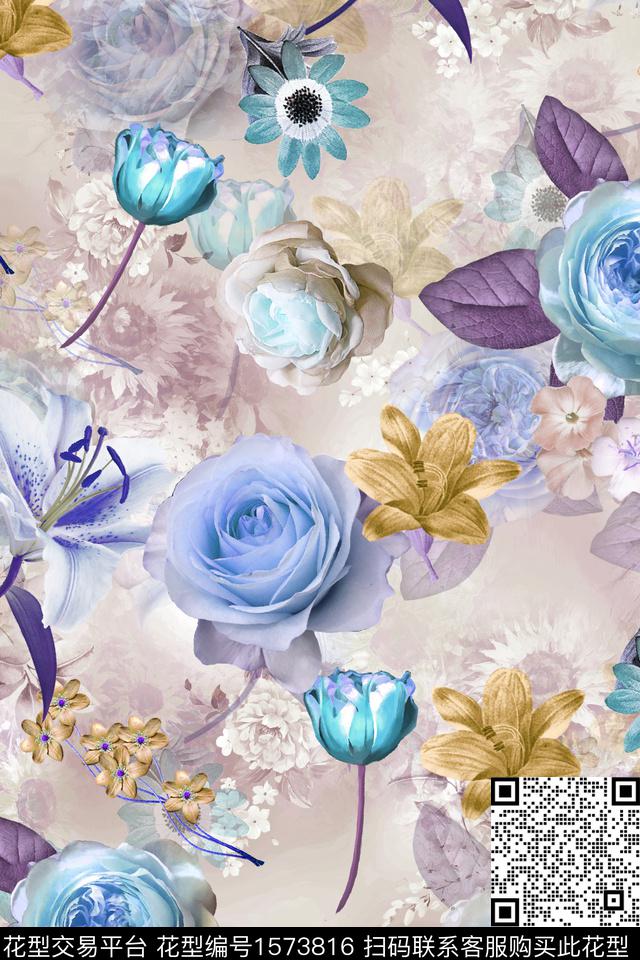 Xz5458.jpg - 1573816 - 水彩花卉 满版散花 影花 - 数码印花花型 － 女装花型设计 － 瓦栏