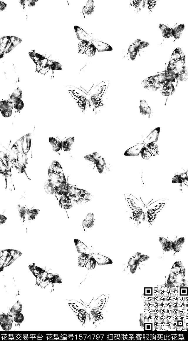 水墨蝴蝶.jpg - 1574797 - 黑白 蝴蝶 水墨风 - 数码印花花型 － 女装花型设计 － 瓦栏