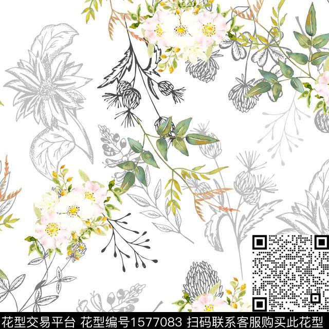 2023-12-28（线描花草水彩花朵）-1.jpg - 1577083 - 小清新 清爽 水彩花卉 - 数码印花花型 － 女装花型设计 － 瓦栏