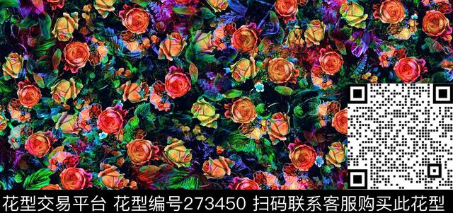 163-2-2 多彩玫瑰 - 273450 - 花卉 满底 花朵 - 数码印花花型 － 女装花型设计 － 瓦栏