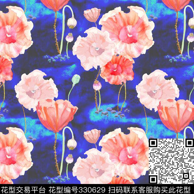 罂粟印花 - 330629 - 花朵 华丽 唯美 - 数码印花花型 － 女装花型设计 － 瓦栏