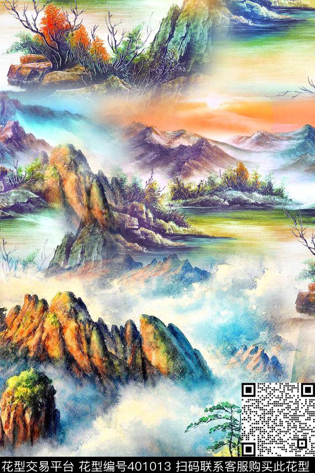 风景山水画国画 - 401013 - 国画 山水 风景 - 数码印花花型 － 女装花型设计 － 瓦栏