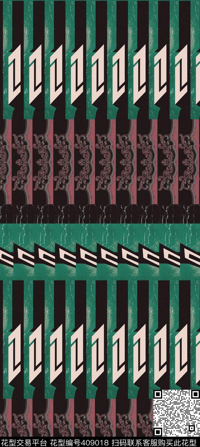 复古条纹图案 - 409018 - 复古 花边 混搭 - 传统印花花型 － 女装花型设计 － 瓦栏