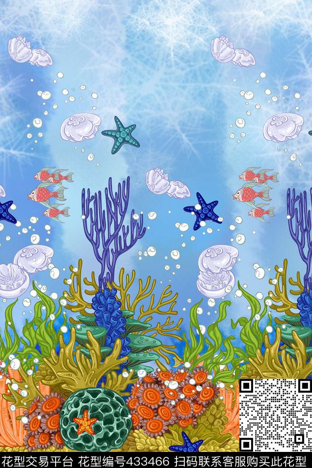 海洋元素海底生物婴童花型 - 433466 - 海洋元素 海底生物 海星 - 传统印花花型 － 女装花型设计 － 瓦栏