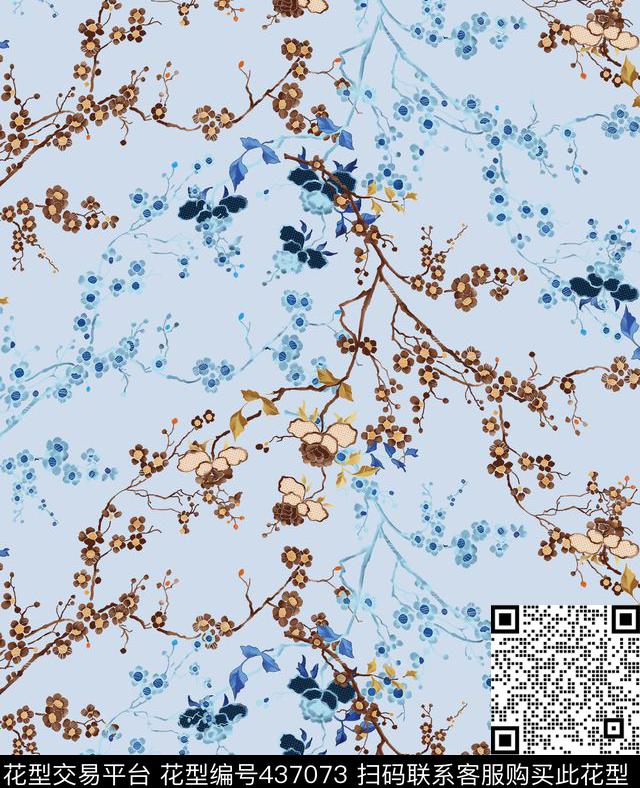 简约时尚中国风花卉树枝数码印花 - 437073 - 花卉 简约时尚 树枝 - 数码印花花型 － 女装花型设计 － 瓦栏