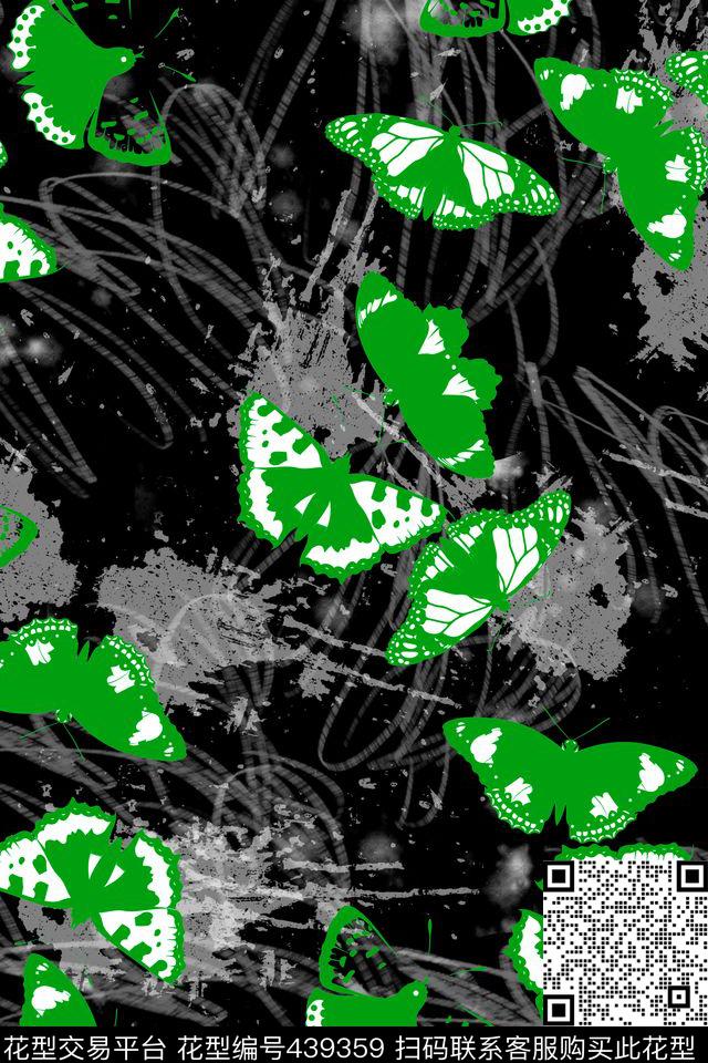 写意涂鸦笔触黑白蝴蝶优雅女装半身裙衬衫花型 - 439359 - 动物纹 蝴蝶 黑白 - 传统印花花型 － 女装花型设计 － 瓦栏