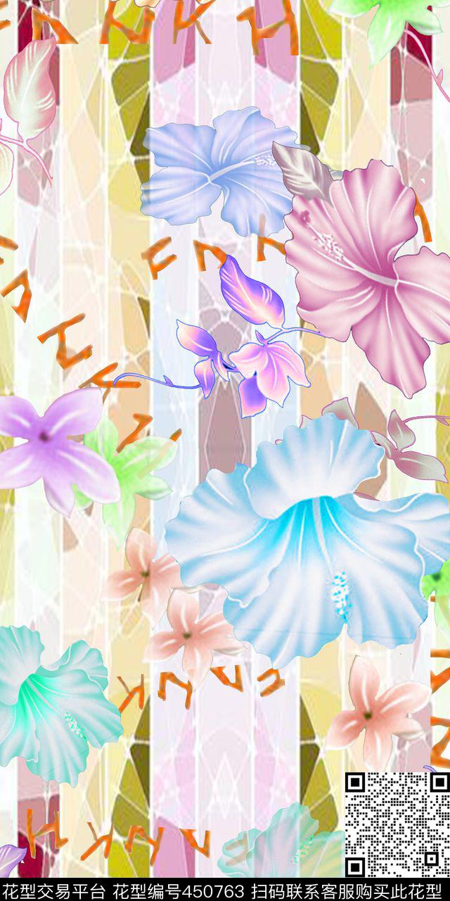 时尚 花卉 数码 印花 七彩 - 450763 - 时尚 花卉 字母 - 数码印花花型 － 女装花型设计 － 瓦栏