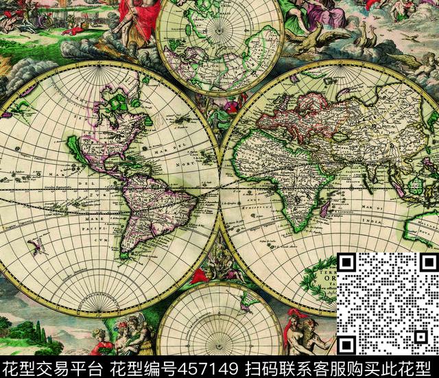 世界地图复古战争欧美古罗马牛皮神话 - 457149 - 复古 地图 众神 - 数码印花花型 － 女装花型设计 － 瓦栏