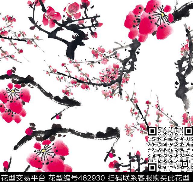 梅花三弄 传统花卉 树枝梅花 毛笔画 民族复古 - 462930 - 传统复古 花卉 梅花 - 数码印花花型 － 女装花型设计 － 瓦栏