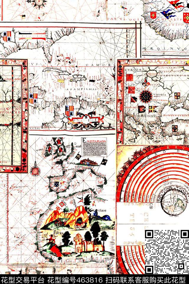 欧式复古手绘地图几何拼接服装花型 - 463816 - 地图 复古 手绘 - 数码印花花型 － 女装花型设计 － 瓦栏