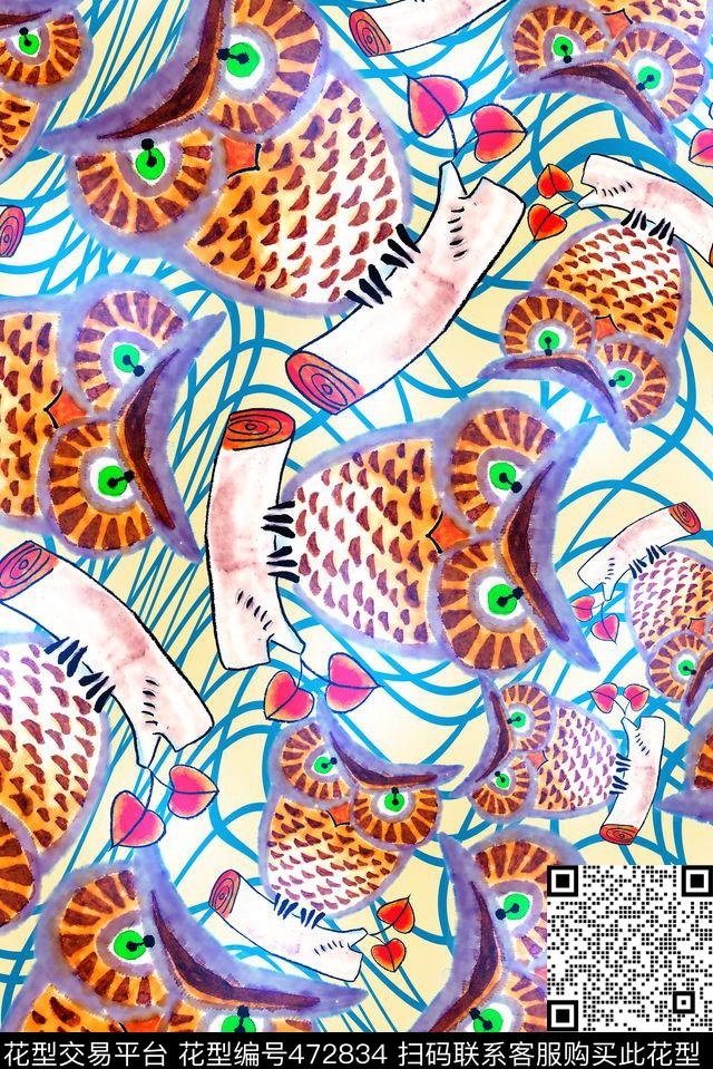 卡通动物猫头鹰抽象底纹组合 - 472834 - 卡通 动物 猫头鹰 - 数码印花花型 － 女装花型设计 － 瓦栏