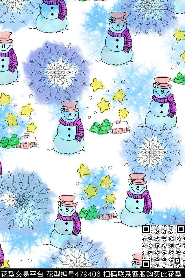 手绘水彩卡通简笔画雪人圣诞树雪花清新花型 - 479406 - 卡通 雪人 雪花 - 传统印花花型 － 女装花型设计 － 瓦栏