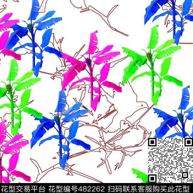 2016春夏流行元素热带植物花卉条纹花型 - 482262 - 休闲 植物 热带植物 - 数码印花花型 － 女装花型设计 － 瓦栏