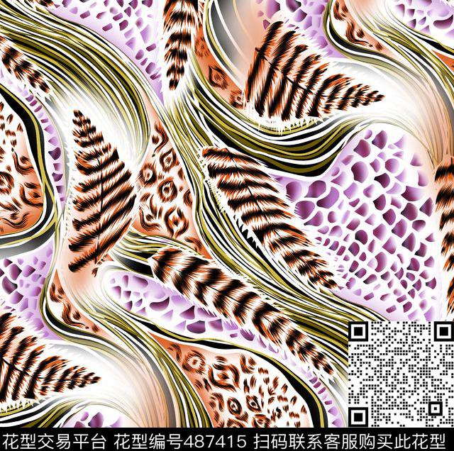 叶子豹纹组合 印花底纹 数码底纹 - 487415 - 几何 字母 线条 - 数码印花花型 － 女装花型设计 － 瓦栏