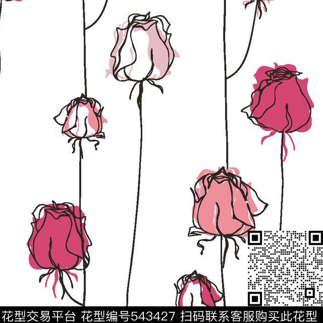 时尚服装 围巾 家纺 原创大牌 花卉 传统印花 花型 - 543427 - 玫瑰 线条 服装 - 传统印花花型 － 女装花型设计 － 瓦栏