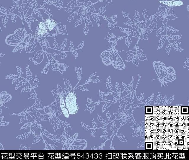 时尚服装 围巾 家纺 原创大牌 花卉 传统印花 花型 - 543433 - 蝴蝶 花朵 叶子 - 传统印花花型 － 女装花型设计 － 瓦栏