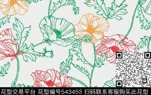 时尚服装 围巾 家纺 原创大牌 花卉 传统印花 花型 - 543453 - 花朵 线条 服装 - 传统印花花型 － 女装花型设计 － 瓦栏