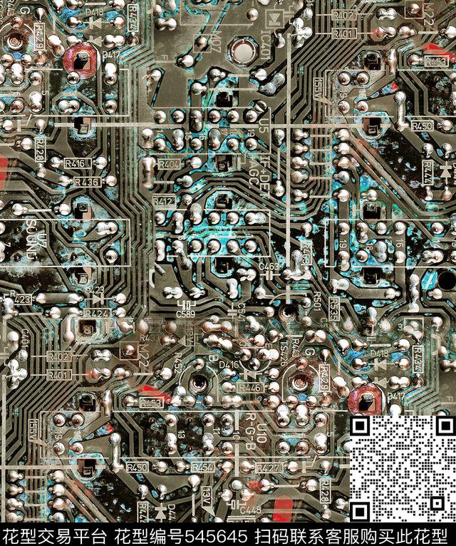 电路花型 - 545645 - 抽象 电路 科技 - 数码印花花型 － 女装花型设计 － 瓦栏