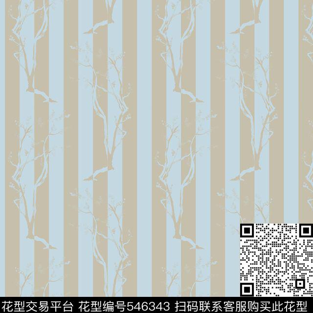 水中的城市副设计-条纹植物 - 546343 - 花卉 双色 中国风 - 传统印花花型 － 床品花型设计 － 瓦栏