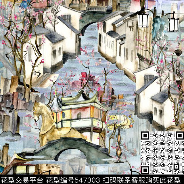 水中的城市 - 547303 - 建筑 手绘 水彩 - 传统印花花型 － 女装花型设计 － 瓦栏