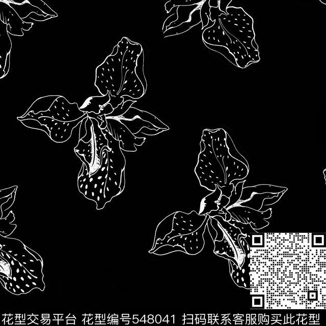黑白鸢尾 - 548041 - 黑白 手绘 鸢尾 - 数码印花花型 － 女装花型设计 － 瓦栏