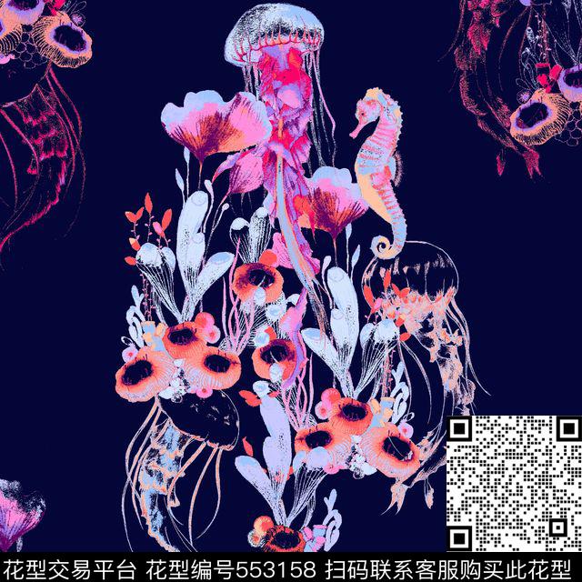珊瑚水母童话分色印花 - 553158 - 传统 水母 珊瑚 - 传统印花花型 － 床品花型设计 － 瓦栏